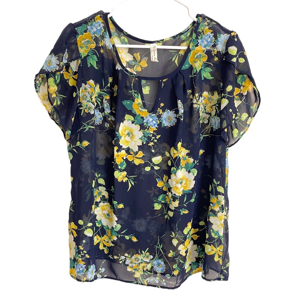 NWOT Sheer Floral Navy Blue Blouse